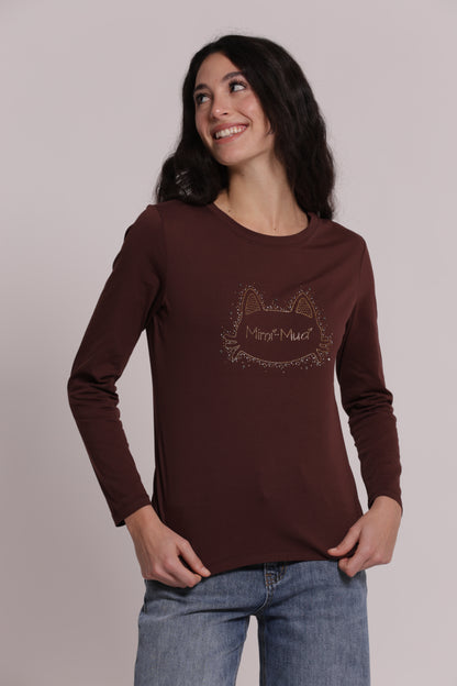 T-SHIRT A MANICHE LUNGHE CON GATTO STRASS