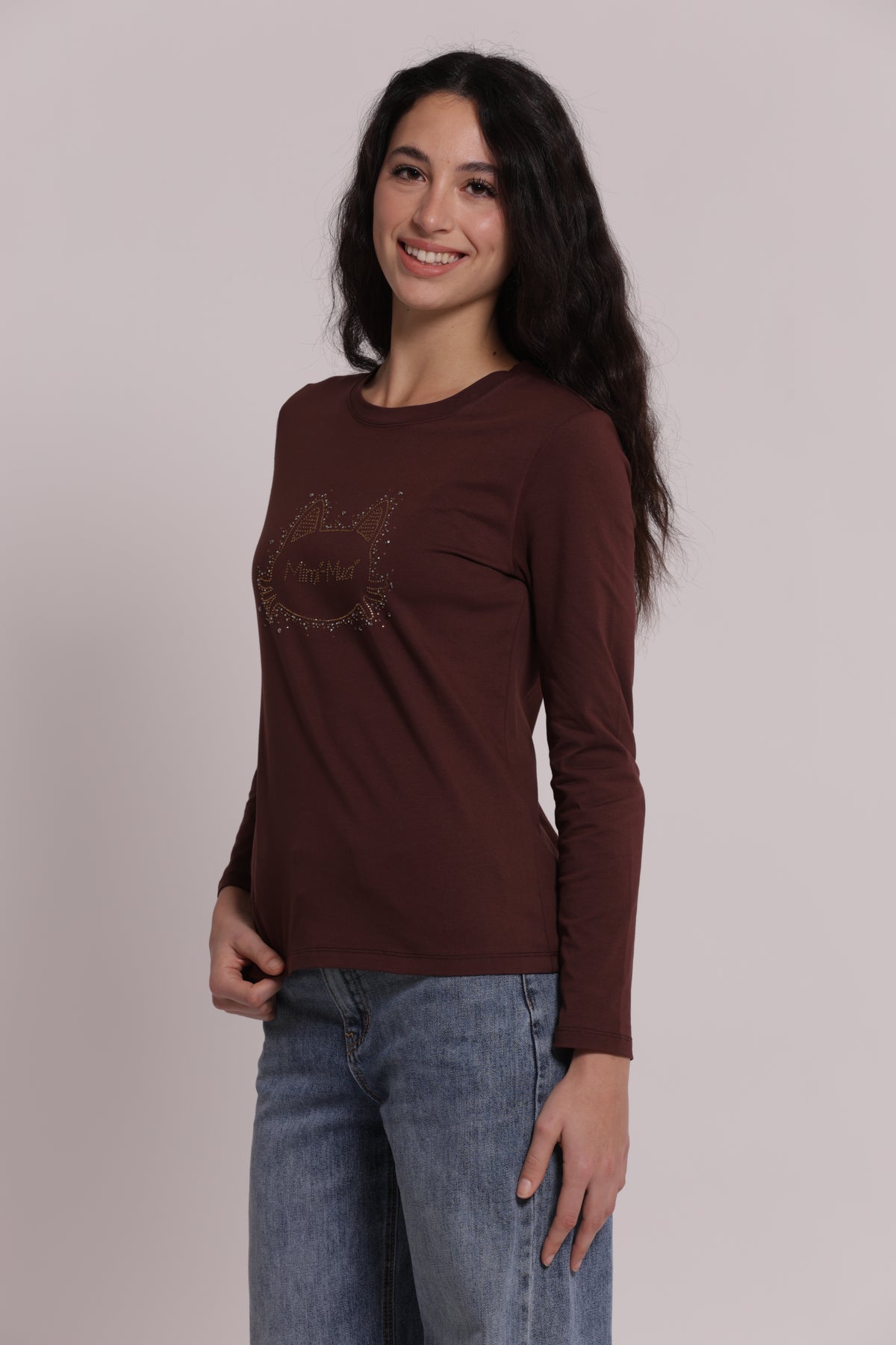 T-SHIRT A MANICHE LUNGHE CON GATTO STRASS