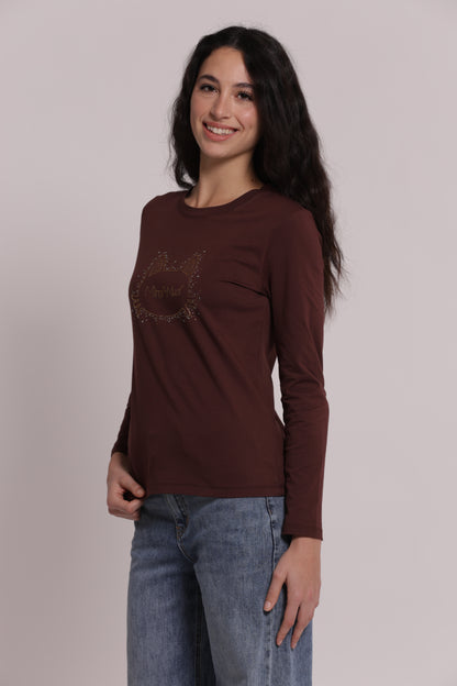 T-SHIRT A MANICHE LUNGHE CON GATTO STRASS