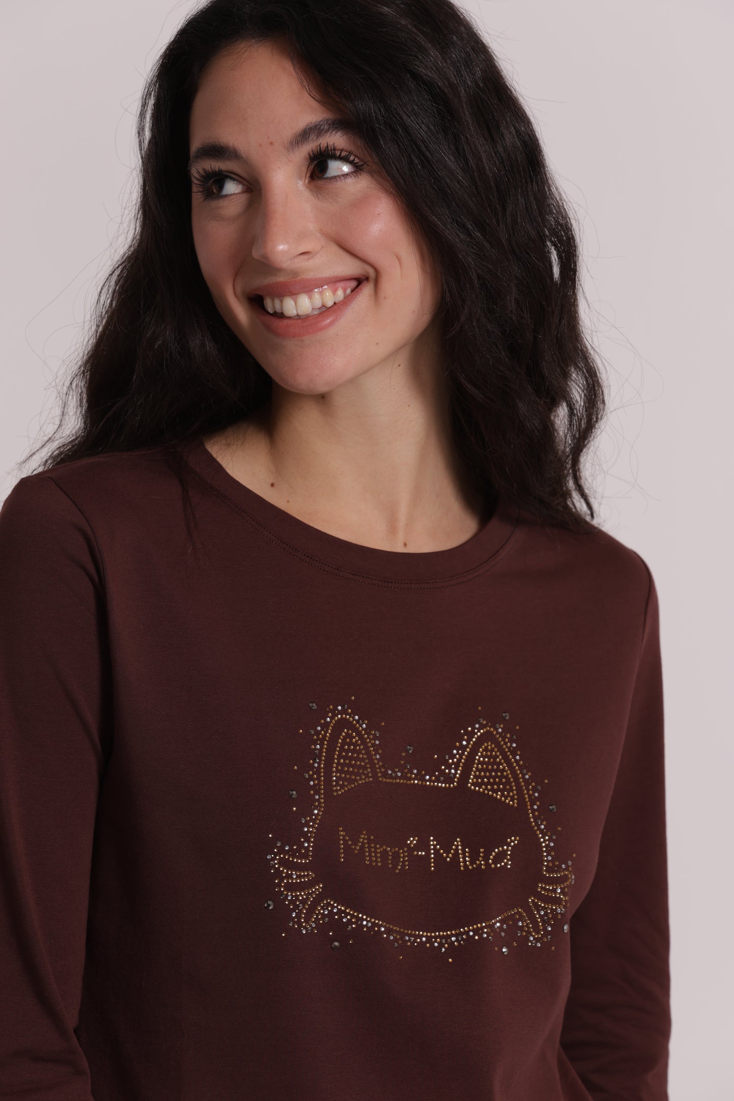 T-SHIRT A MANICHE LUNGHE CON GATTO STRASS