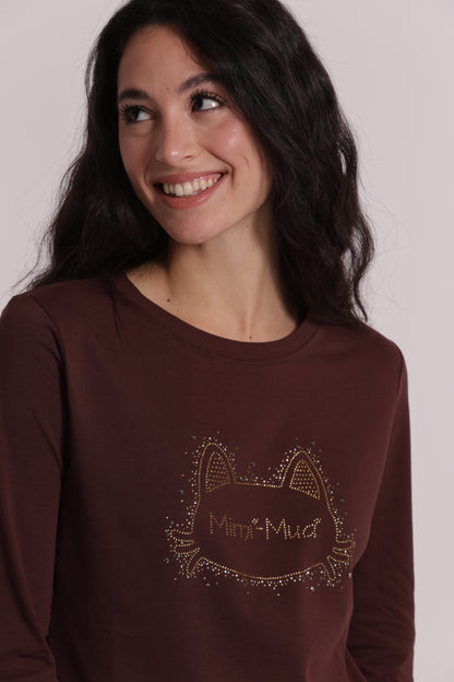 T-SHIRT A MANICHE LUNGHE CON GATTO STRASS