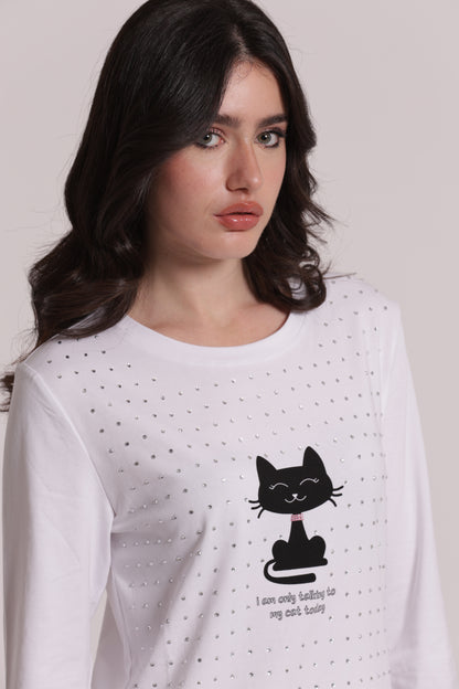T-SHIRT MANICHE LUNGHE CON GATTO E STRASS FRONTALI