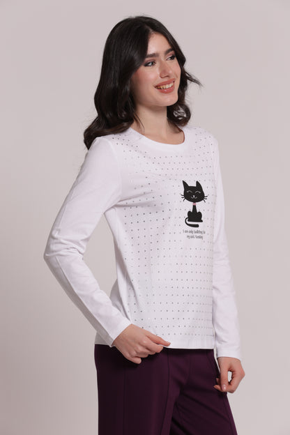 T-SHIRT MANICHE LUNGHE CON GATTO E STRASS FRONTALI