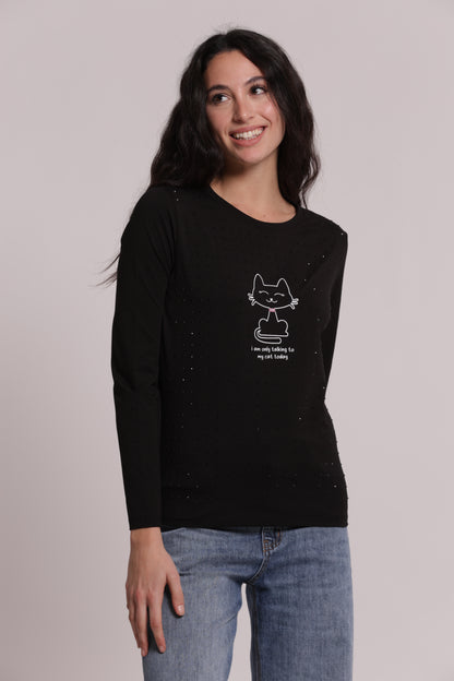 T-SHIRT MANICHE LUNGHE CON GATTO E STRASS FRONTALI