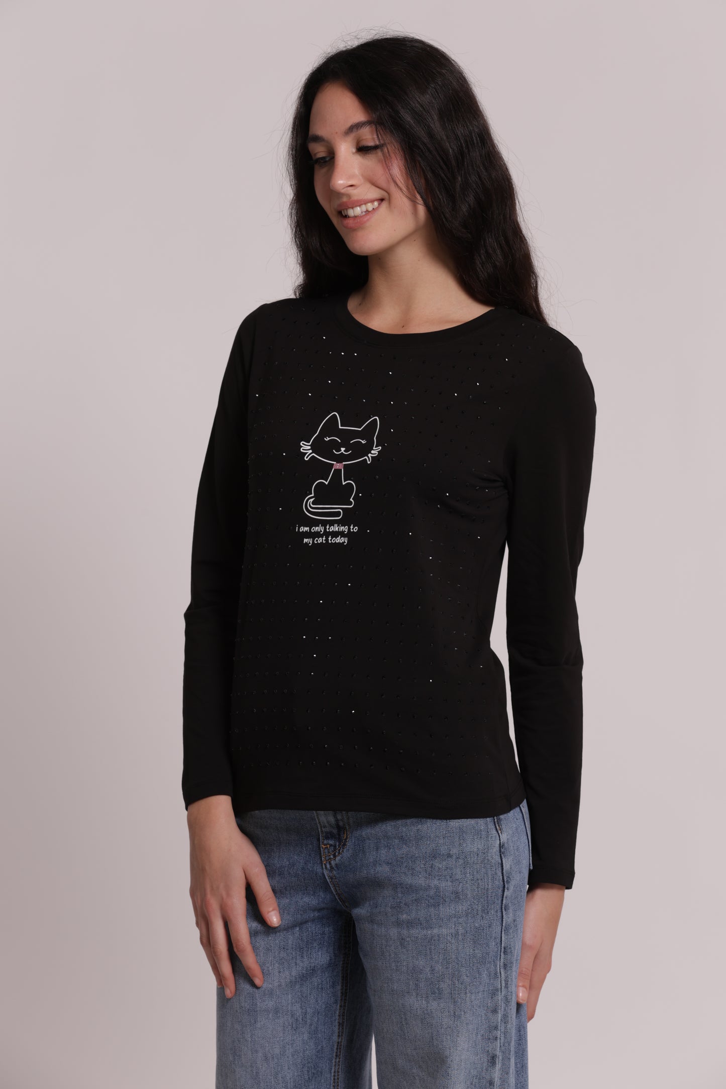 T-SHIRT MANICHE LUNGHE CON GATTO E STRASS FRONTALI