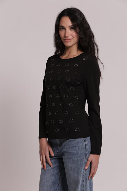 T-SHIRT MANICHE LUNGHE CON SCOLLO A V E GATTI STRASS