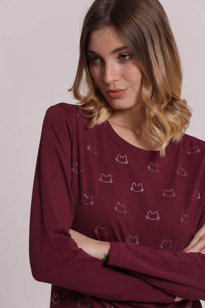T-SHIRT MANICHE LUNGHE CON SCOLLO A V E GATTI STRASS