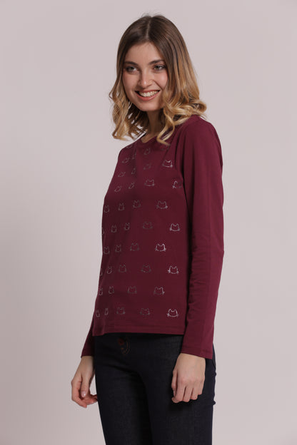 T-SHIRT MANICHE LUNGHE CON SCOLLO A V E GATTI STRASS
