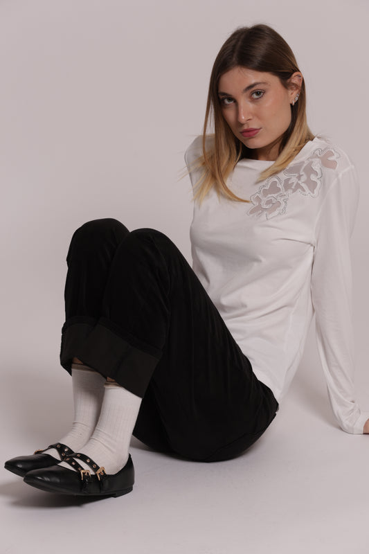 T-SHIRT MANICHE LUNGHE CON TRASPARENZE E STRASS