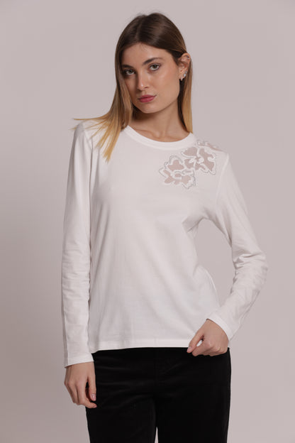 T-SHIRT MANICHE LUNGHE CON TRASPARENZE E STRASS