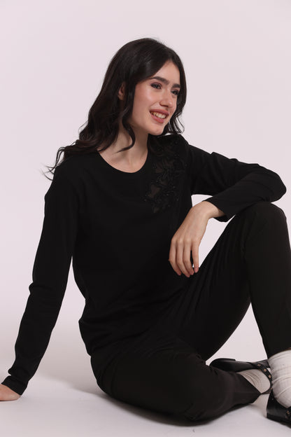 T-SHIRT MANICHE LUNGHE CON TRASPARENZE E STRASS