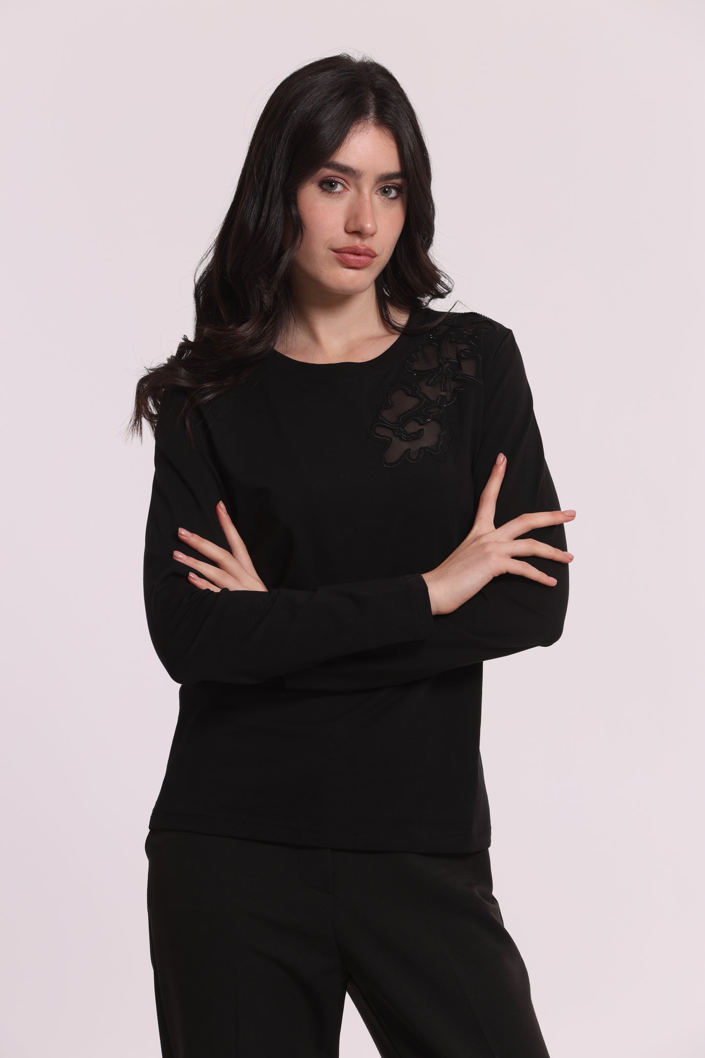 T-SHIRT MANICHE LUNGHE CON TRASPARENZE E STRASS