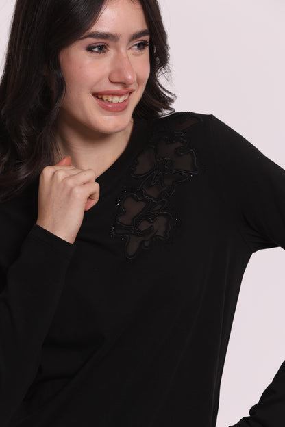 T-SHIRT MANICHE LUNGHE CON TRASPARENZE E STRASS