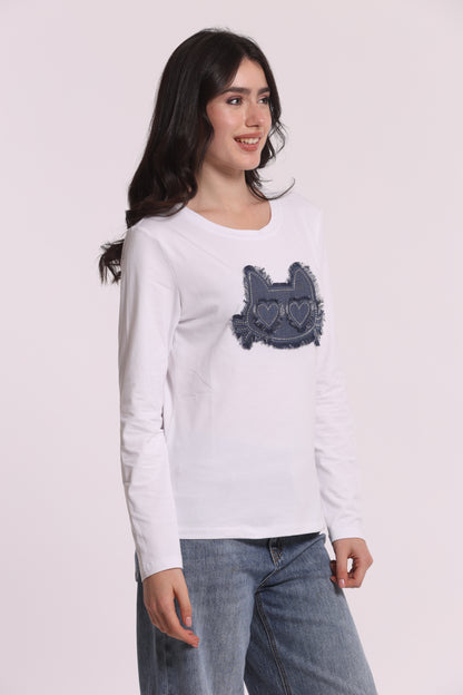 T-SHIRT MANICHE LUNGHE CON GATTO EFFETTO DENIM