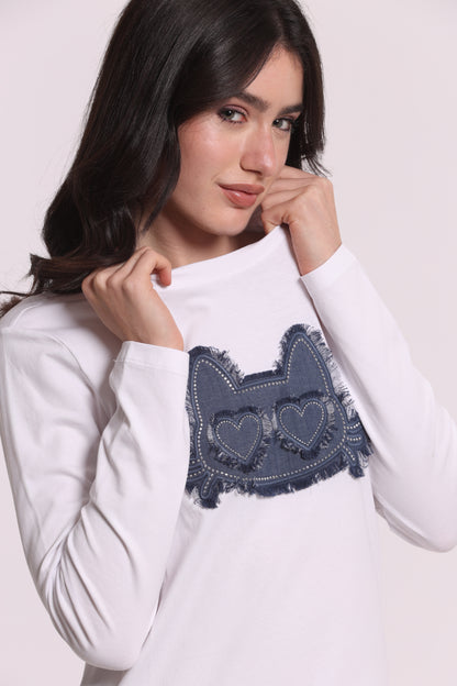 T-SHIRT MANICHE LUNGHE CON GATTO EFFETTO DENIM