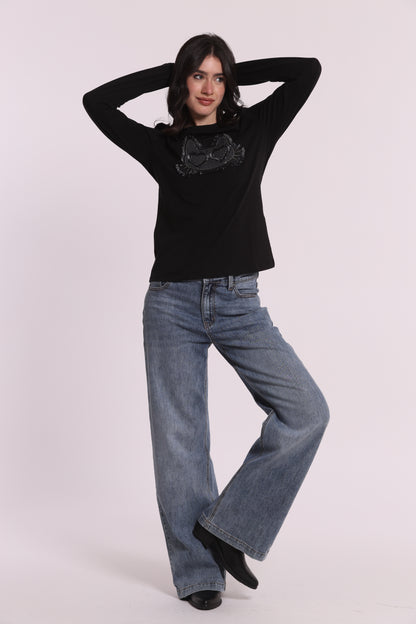 T-SHIRT MANICHE LUNGHE CON GATTO EFFETTO DENIM