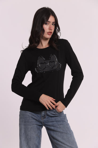 T-SHIRT MANICHE LUNGHE CON GATTO EFFETTO DENIM