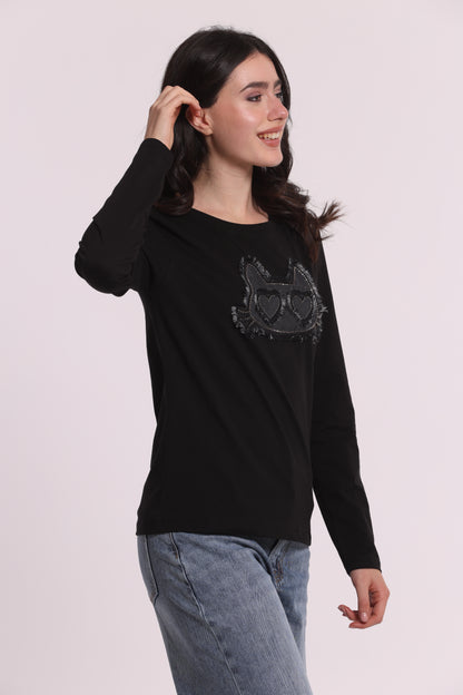 T-SHIRT MANICHE LUNGHE CON GATTO EFFETTO DENIM