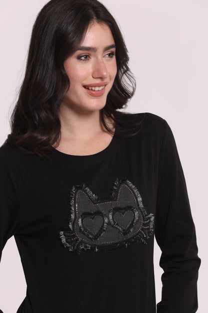 T-SHIRT MANICHE LUNGHE CON GATTO EFFETTO DENIM