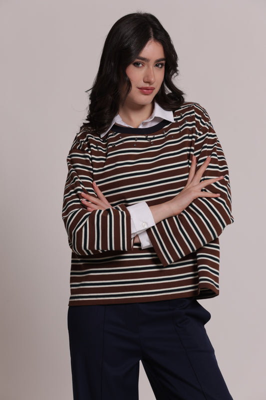 T-SHIRT MANICHE LUNGHE A RIGHE CON APPLICAZIONI