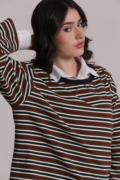 T-SHIRT MANICHE LUNGHE A RIGHE CON APPLICAZIONI