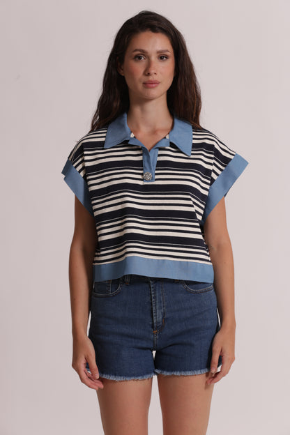 T-SHIRT CON COLLETTO A RIGHE E INSERTI IN DENIM