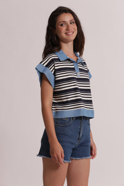 T-SHIRT CON COLLETTO A RIGHE E INSERTI IN DENIM