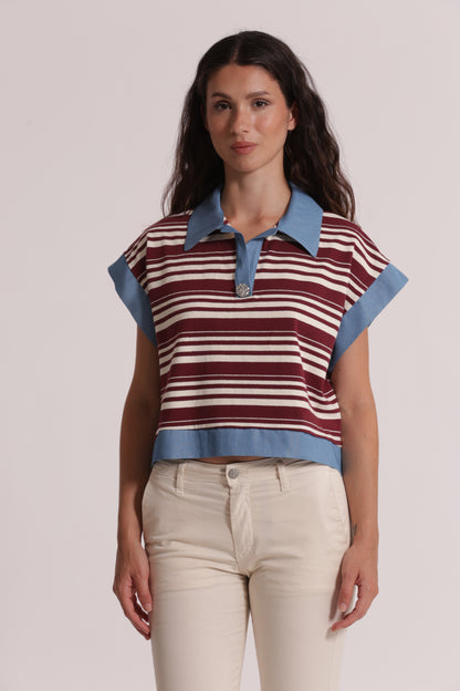 T-SHIRT CON COLLETTO A RIGHE E INSERTI IN DENIM
