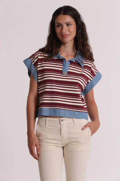 T-SHIRT CON COLLETTO A RIGHE E INSERTI IN DENIM