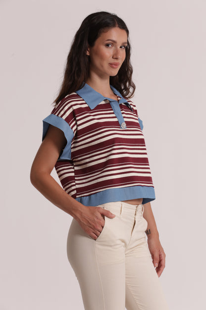 T-SHIRT CON COLLETTO A RIGHE E INSERTI IN DENIM