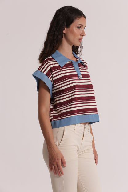 T-SHIRT CON COLLETTO A RIGHE E INSERTI IN DENIM