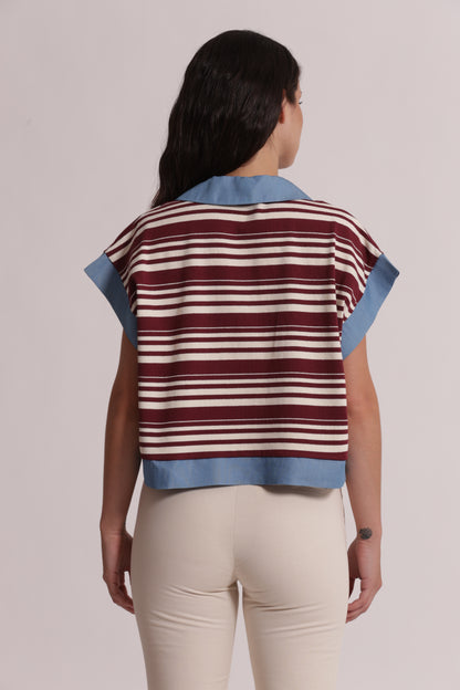 T-SHIRT CON COLLETTO A RIGHE E INSERTI IN DENIM