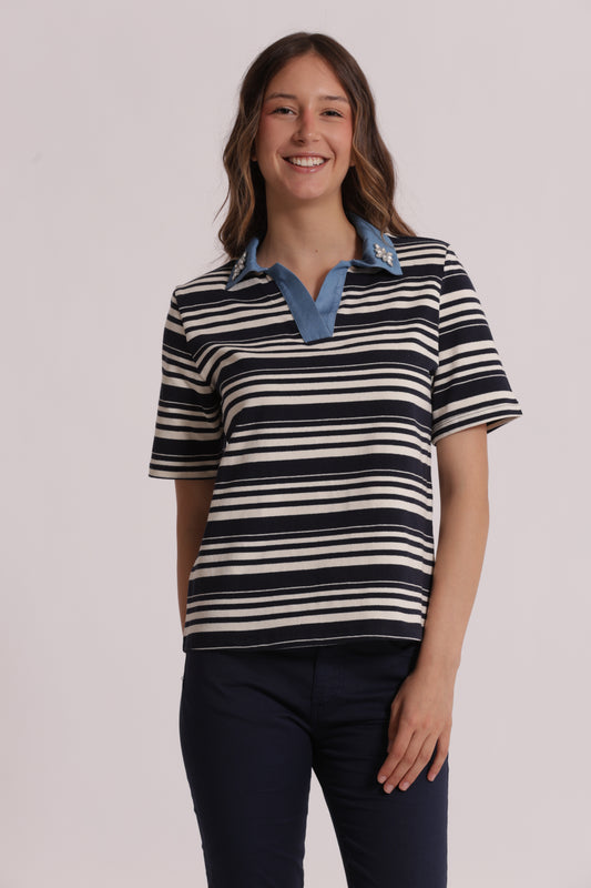 T-SHIRT A RIGHE CON COLLETTO DENIM E INSERTI IN STRASS