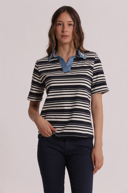 T-SHIRT A RIGHE CON COLLETTO DENIM E INSERTI IN STRASS