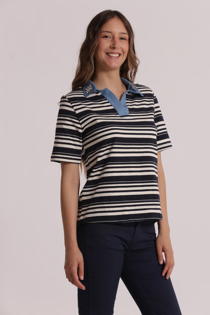 T-SHIRT A RIGHE CON COLLETTO DENIM E INSERTI IN STRASS