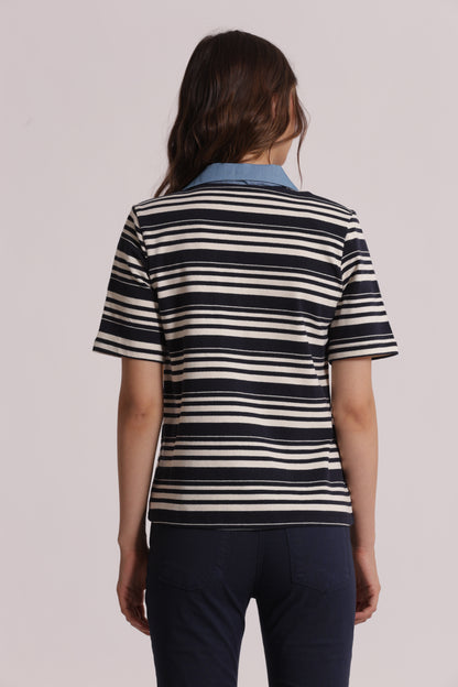 T-SHIRT A RIGHE CON COLLETTO DENIM E INSERTI IN STRASS