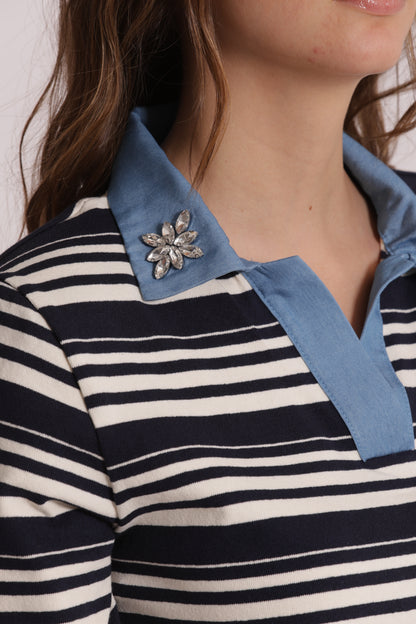 T-SHIRT A RIGHE CON COLLETTO DENIM E INSERTI IN STRASS