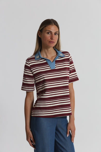 T-SHIRT A RIGHE CON COLLETTO DENIM E INSERTI IN STRASS