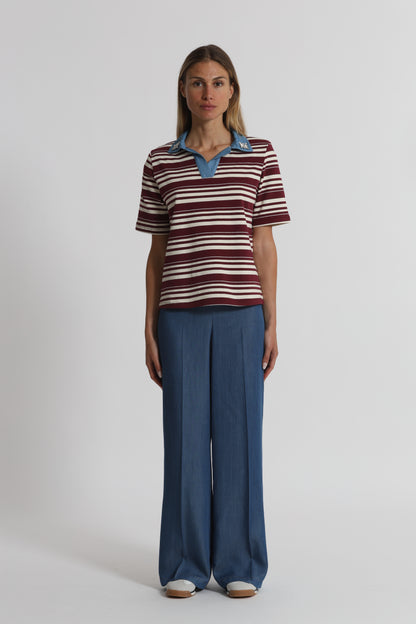 T-SHIRT A RIGHE CON COLLETTO DENIM E INSERTI IN STRASS