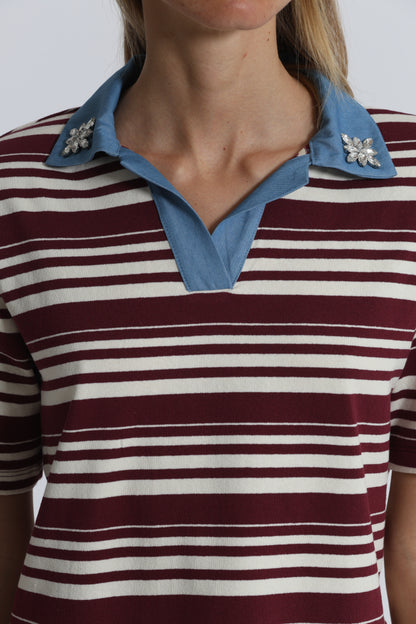 T-SHIRT A RIGHE CON COLLETTO DENIM E INSERTI IN STRASS