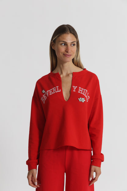 FELPA "BEVERLY HILLS" CON SCOLLO A V E DETTAGLI IN STRASS