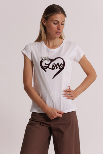 T-SHIRT "LOVE" STAMPA IN VELLUTO E FIOCCO IN STRASS