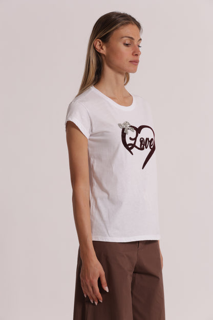 T-SHIRT "LOVE" STAMPA IN VELLUTO E FIOCCO IN STRASS