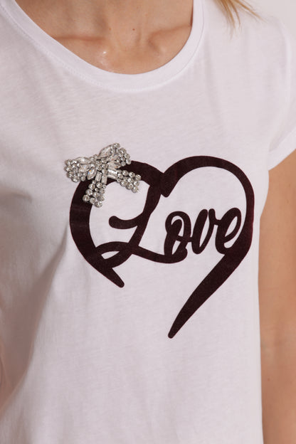 T-SHIRT "LOVE" STAMPA IN VELLUTO E FIOCCO IN STRASS