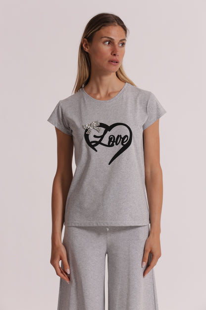 T-SHIRT "LOVE" STAMPA IN VELLUTO E FIOCCO IN STRASS