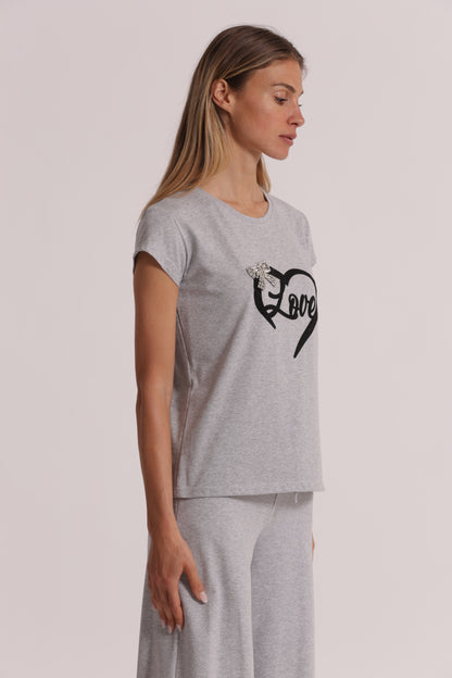 T-SHIRT "LOVE" STAMPA IN VELLUTO E FIOCCO IN STRASS