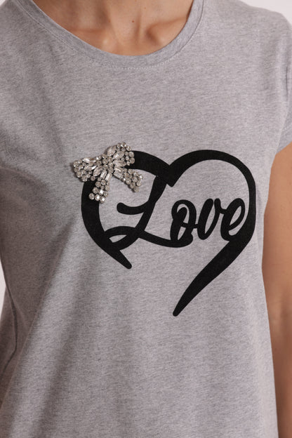 T-SHIRT "LOVE" STAMPA IN VELLUTO E FIOCCO IN STRASS