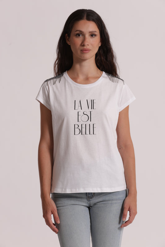 T-SHIRT "LA VIE EST BELLE" CON DETTAGLI FRANGE