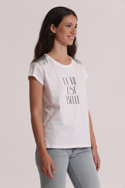 T-SHIRT "LA VIE EST BELLE" CON DETTAGLI FRANGE