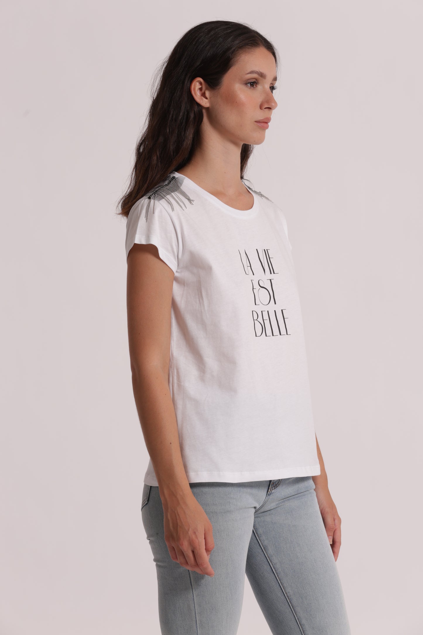 T-SHIRT "LA VIE EST BELLE" CON DETTAGLI FRANGE